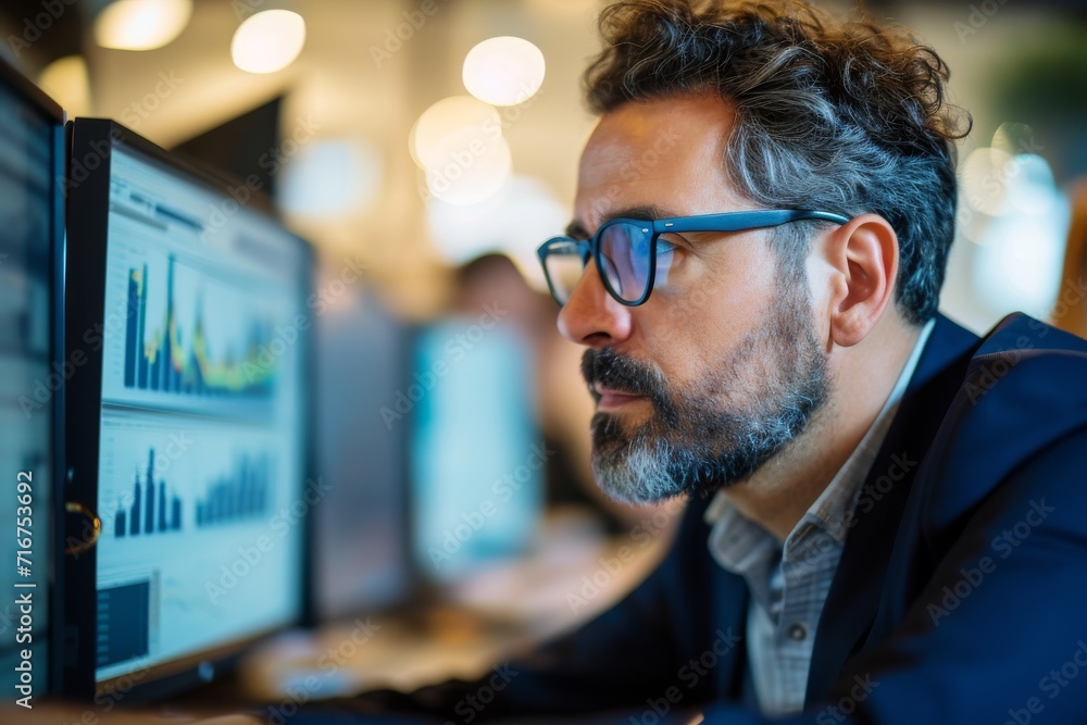 A bearded man stares intently at his computer screen, glasses perched on his face as he reads the text in front of him, completely immersed in his indoor digital world A bearded man stares intently at his computer screen, glasses perched on his face as he reads the text in front of him, completely immersed in his indoor digital world