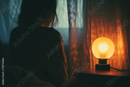 A woman basks in the warm glow of a candlelit lamp, casting shadows on the wall as she finds solace in the darkness of the night