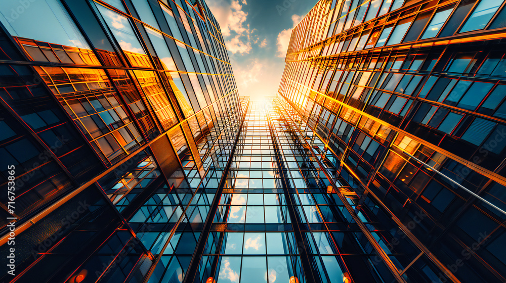 Skyscrapers in the City: Modern Architecture with Blue Sky and Reflective Glass Facades