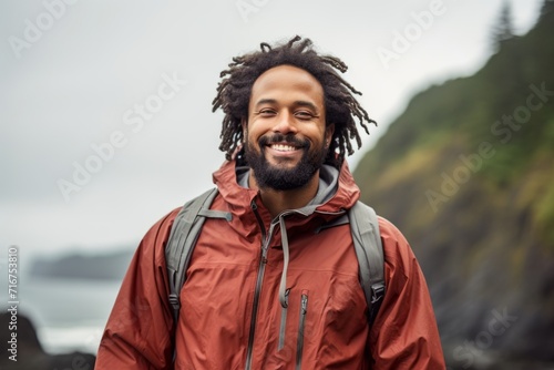 Portrait of a smiling afro-american man in his 30s wearing a lightweight packable anorak against a rocky shoreline background. AI Generation photo