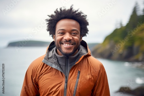 Portrait of a smiling afro-american man in his 30s wearing a lightweight packable anorak against a rocky shoreline background. AI Generation photo