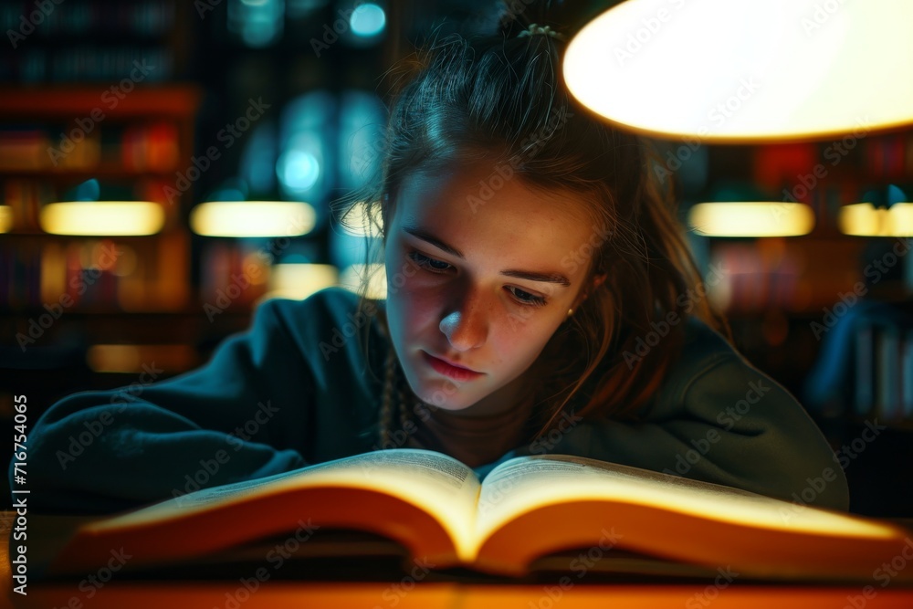 A young girl sits in a warmly lit room, her face illuminated by the soft glow of a lamp, engrossed in the pages of a book A young girl sits in a warmly lit room, her face illuminated by the soft glow of a lamp, engrossed in the pages of a book