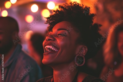 A joyful woman fully immersed in the music at a concert, her face adorned with a genuine smile and closed eyes, radiating pure happiness and contentment