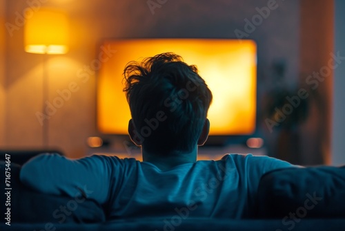 As the sun sets outside, a solitary figure sits on a worn couch, their gaze fixed on the glowing television screen as the light casts a warm glow on the wall behind them, their face expressionless an