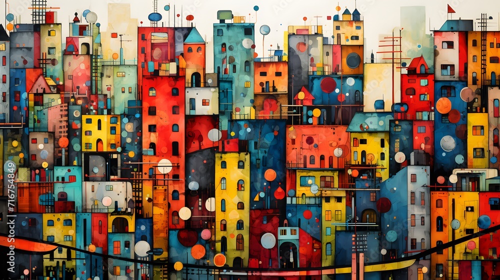 Jazzy, lively, colorful water color painting of a downtown city full of tall buildings and skyscrapers.