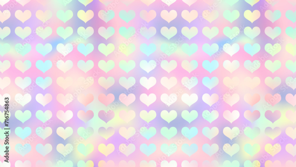 Cute holographic rainbow heart background. Vector love hearts neon texture on soft pink gradient background. Valentines day iridescent wallpaper, trendy abstract minimal design.