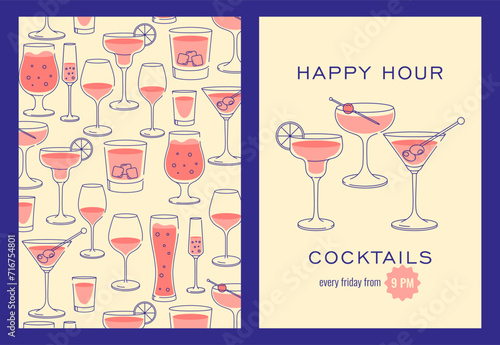 Modern flat happy hour cocktails prints set. Colorful background with cocktail glasses. Cafe, bar and restaurant concept poster and web banner. Vector illustrations.