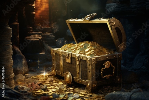 A hidden treasure chest buried in the ground, revealing a trunk overflowing with gleaming gold coins and a mysterious box waiting to be opened