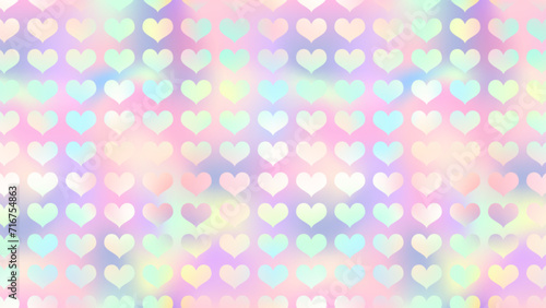 Cute holographic rainbow heart background. Vector love hearts neon texture on soft pink gradient background. Valentines day iridescent wallpaper, trendy abstract minimal design.