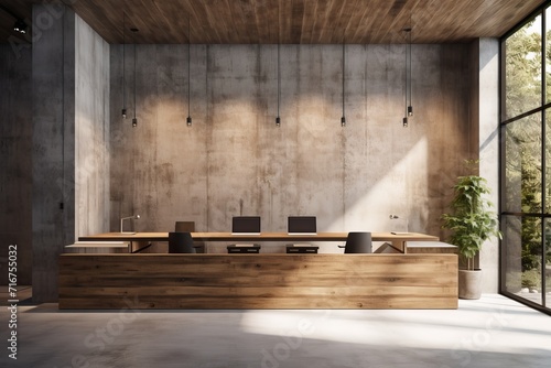 A minimalist interior design featuring a wooden desk and plant, framed by a wall of hardwood planks and illuminated by natural light from the window