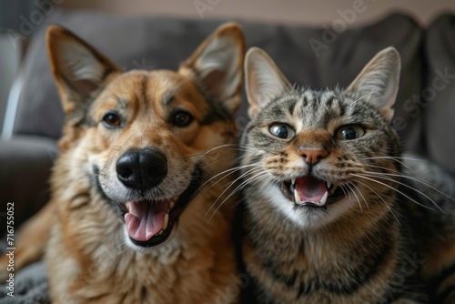 A curious dog and a sassy cat pause their playful antics to pose for the camera, showcasing their endearing whiskers and contrasting fangs while exuding a cozy indoor vibe
