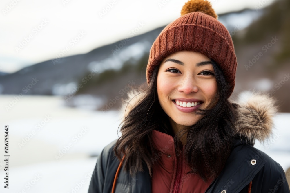Portrait of a blissful asian woman in her 20s dressed in a warm ski hat against a rocky shoreline background. AI Generation Portrait of a blissful asian woman in her 20s dressed in a warm ski hat against a rocky shoreline background. AI Generation