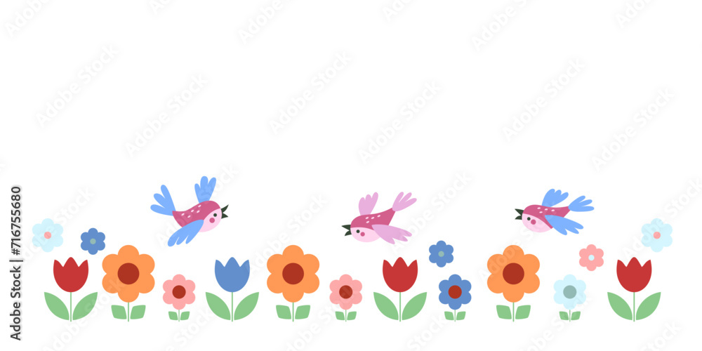 Flower meadow with colorful tulips and daisies with flying bright birds. Vector horizontal banner as template for text on white isolated background. Flower meadow with colorful tulips and daisies with flying bright birds. Vector horizontal banner as template for text on white isolated background.