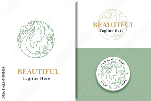 natural beauty Woman face logo icon vector design illustration with label  design  best for cosmetics, beauty, salon, health and spa