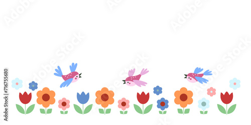 Flower meadow with colorful tulips and daisies with flying bright birds. Vector horizontal banner as template for text on white isolated background.