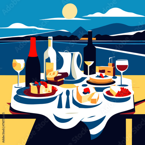 Restaurant table with wine and cheese on the beach. Vector illustration Generative AI