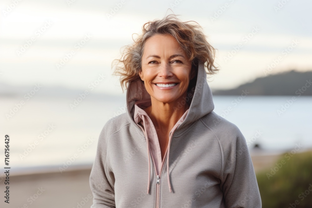 Portrait of a smiling woman in her 50s wearing a zip-up fleece hoodie against a calm bay background. AI Generation Portrait of a smiling woman in her 50s wearing a zip-up fleece hoodie against a calm bay background. AI Generation