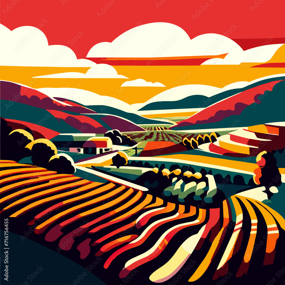 Tuscany landscape with vineyards and hills. Vector illustration. AI Generated