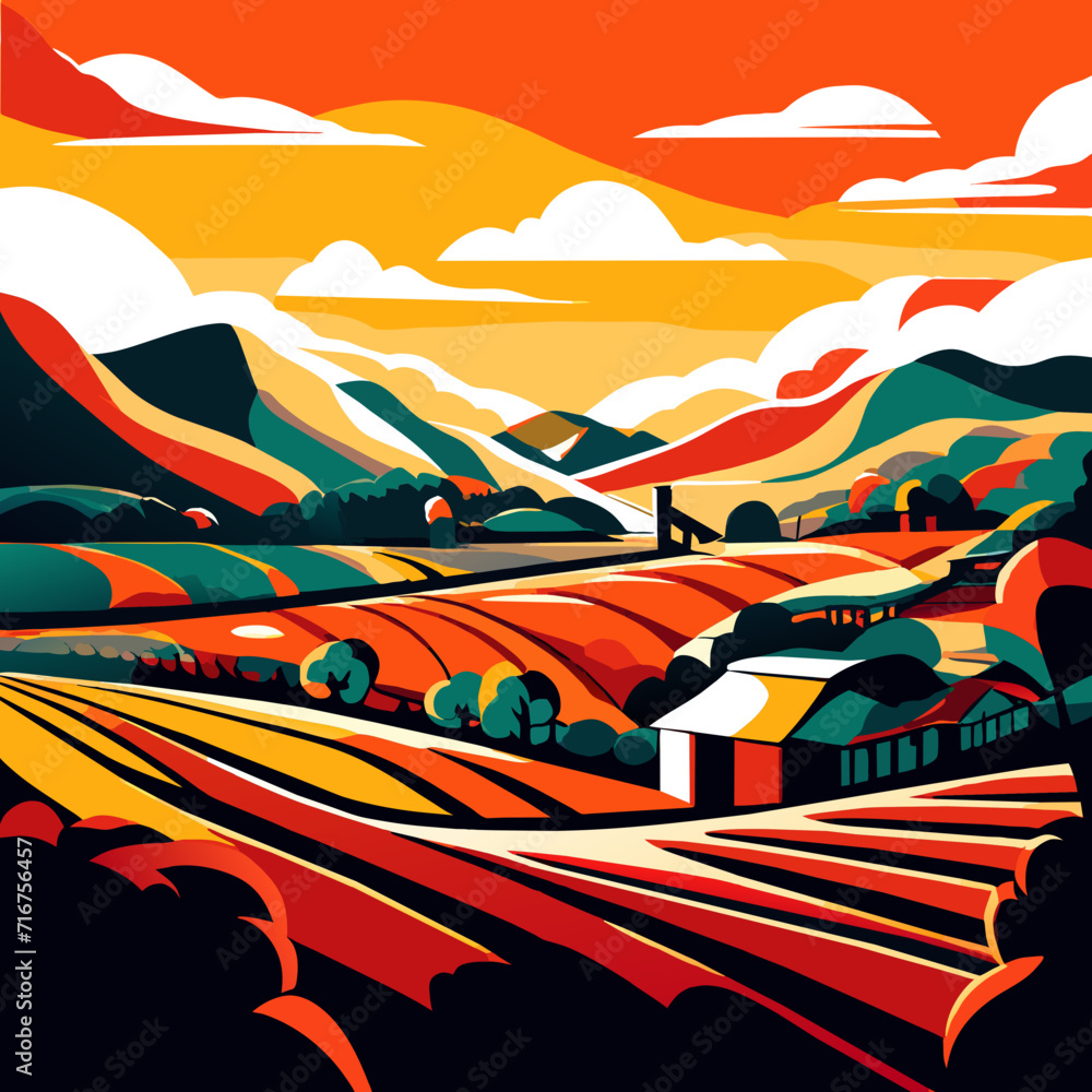 Rural landscape with fields and hills at sunset. Vector illustration. Generative AI
