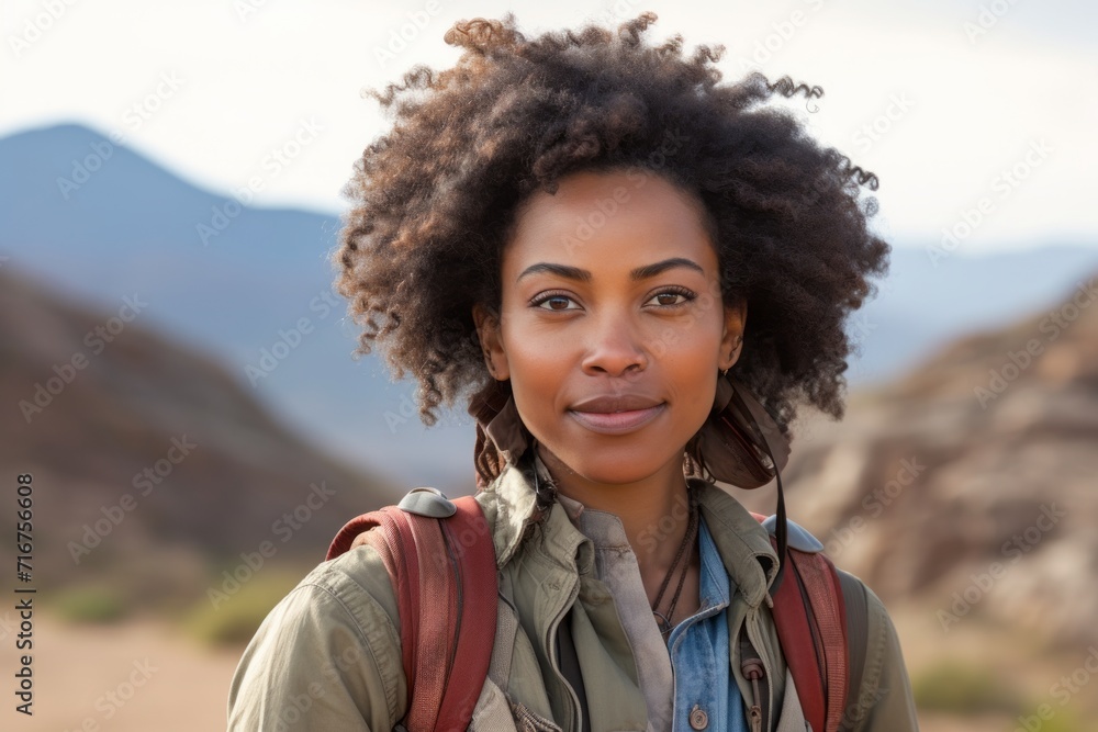 Portrait of a tender afro-american woman in her 30s wearing a rugged jean vest against a serene dune landscape background. AI Generation Portrait of a tender afro-american woman in her 30s wearing a rugged jean vest against a serene dune landscape background. AI Generation