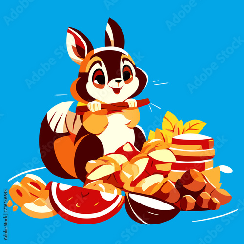 Rabbit with a lot of food. Vector illustration in cartoon style. AI generated