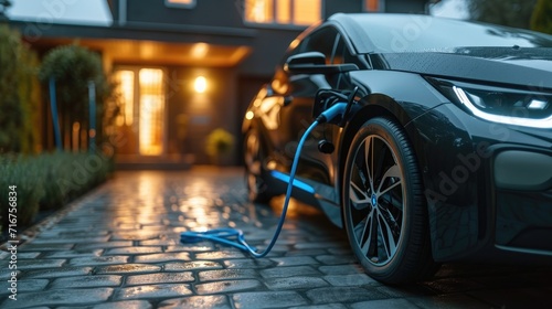 Charging an electric vehicle at home. Generative Ai. © Planum