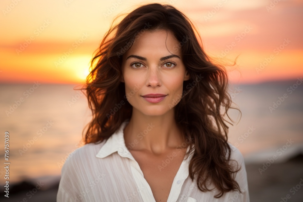 Portrait of a content woman in her 30s wearing a simple cotton shirt against a vibrant beach sunset background. AI Generation