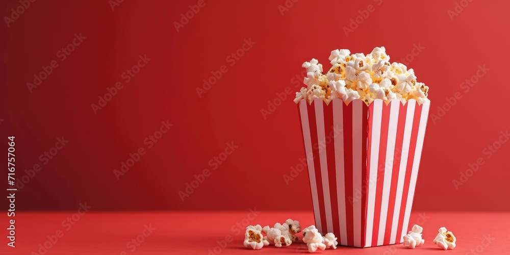 Popcorn box with delicious popcorn, red background with space for copy