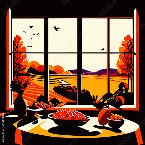 illustration of a cozy autumn evening in the countryside. vector illustration AI Generated