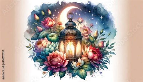 Fototapeta Naklejka Na Ścianę i Meble -  watercolor ramadan lantern with colorful flowers