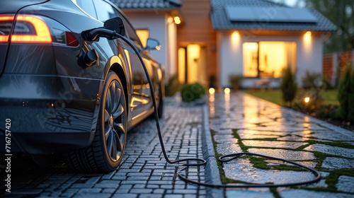 Charging an electric vehicle at home. Generative Ai. © Planum