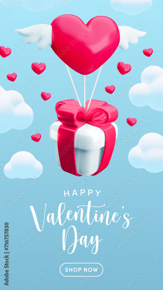 Realistic 3d Valentine's day greeting concept, vector flying gift box and heart with wings, clouds on blue background. Happy Valentines Day sale vertical banner. Romantic poster design, Love flyer