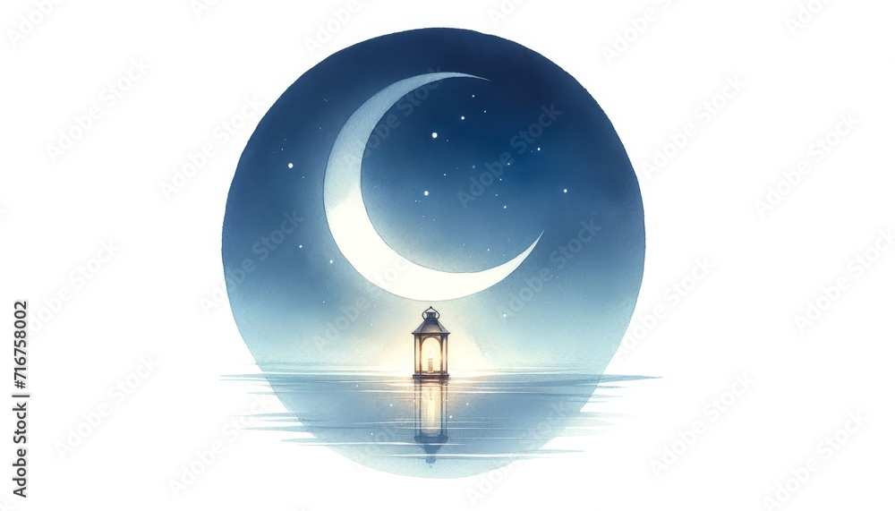 Crescent Moon over Reflective Waters with Lantern. Ramadan Kareem Design Concept