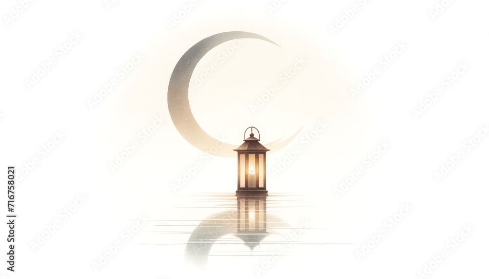 Crescent Moon over Reflective Waters with Lantern. Ramadan Kareem Design Concept