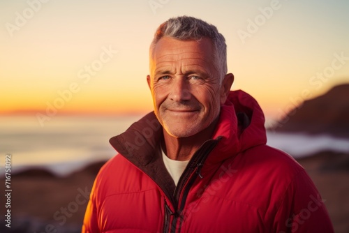Portrait of a grinning man in his 60s sporting a quilted insulated jacket against a vibrant beach sunset background. AI Generation
