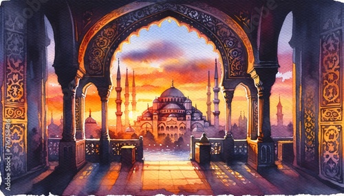 Majestic Sunset Mosque Silhouette Through an Ornate Arch