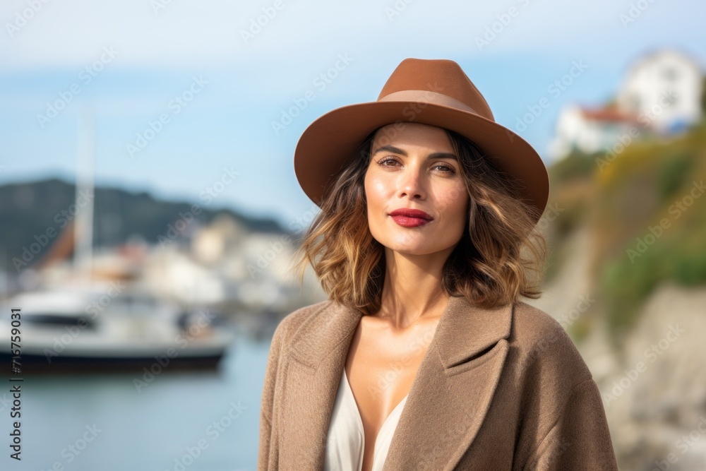 Portrait of a content woman in her 40s donning a classic fedora against a beautiful coastal village background. AI Generation