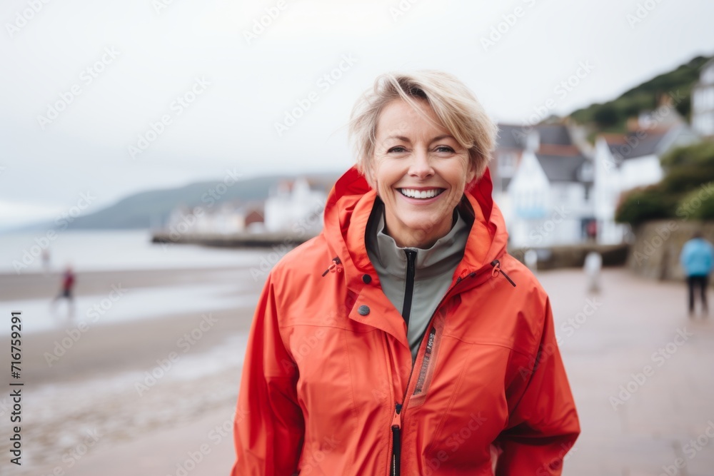 Portrait of a grinning woman in her 50s wearing a lightweight packable anorak against a beautiful coastal village background. AI Generation Portrait of a grinning woman in her 50s wearing a lightweight packable anorak against a beautiful coastal village background. AI Generation