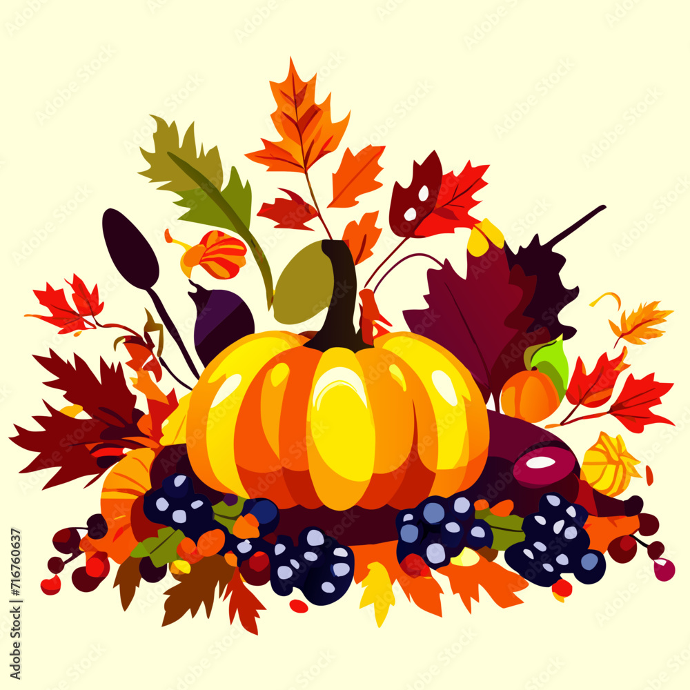 Naklejka premium Autumn leaves, pumpkins and berries. Vector illustration for your design Generative AI