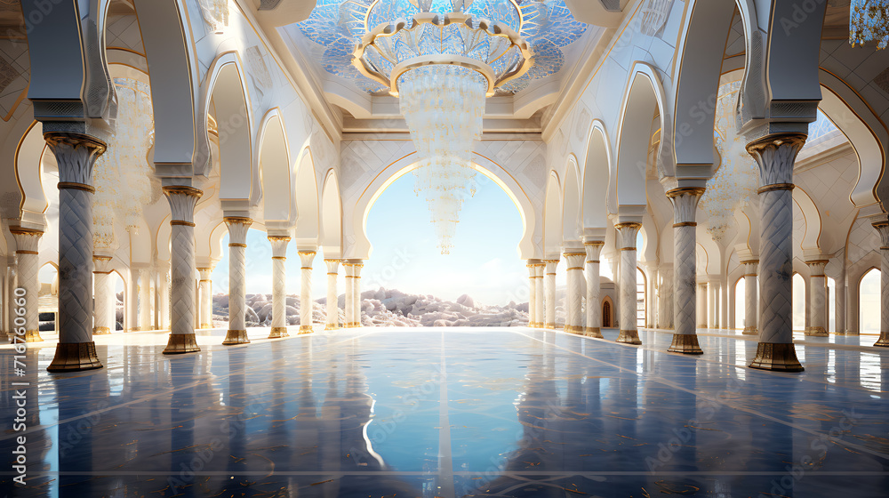 A wide view of the mosque courtyard with its reflective marble floor, pillars, and a beautiful chandelier of glass and gold-colored ornaments. Created with Generative AI.
