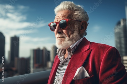 Portrait of a glad elderly 100 years old man wearing a trendy sunglasses against a modern cityscape background. AI Generation photo