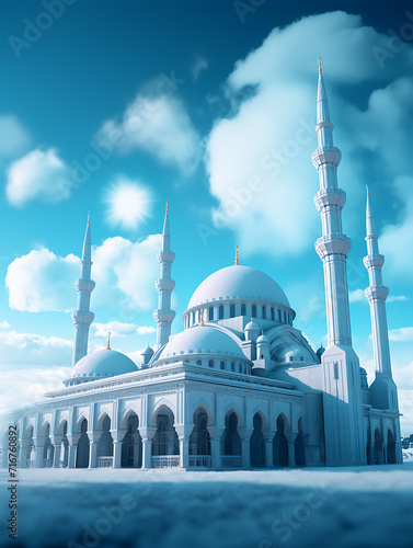 Stunning frontal view of a white mosque and minaret in a snowy environment, set against a backdrop of clouds and blue sky. Created with Generative AI.