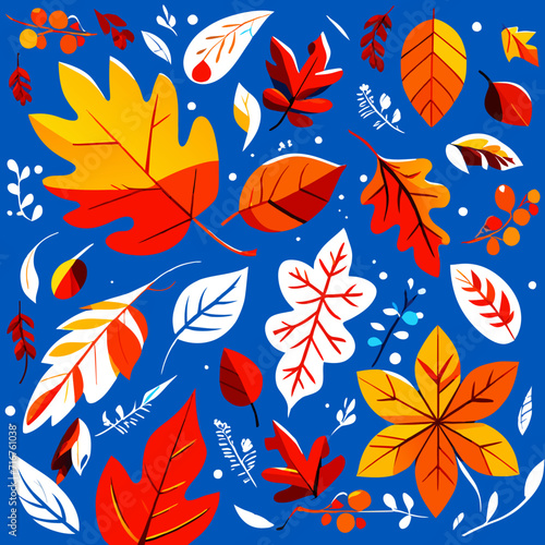 Autumn leaves on a blue background. Seamless pattern. Generative AI