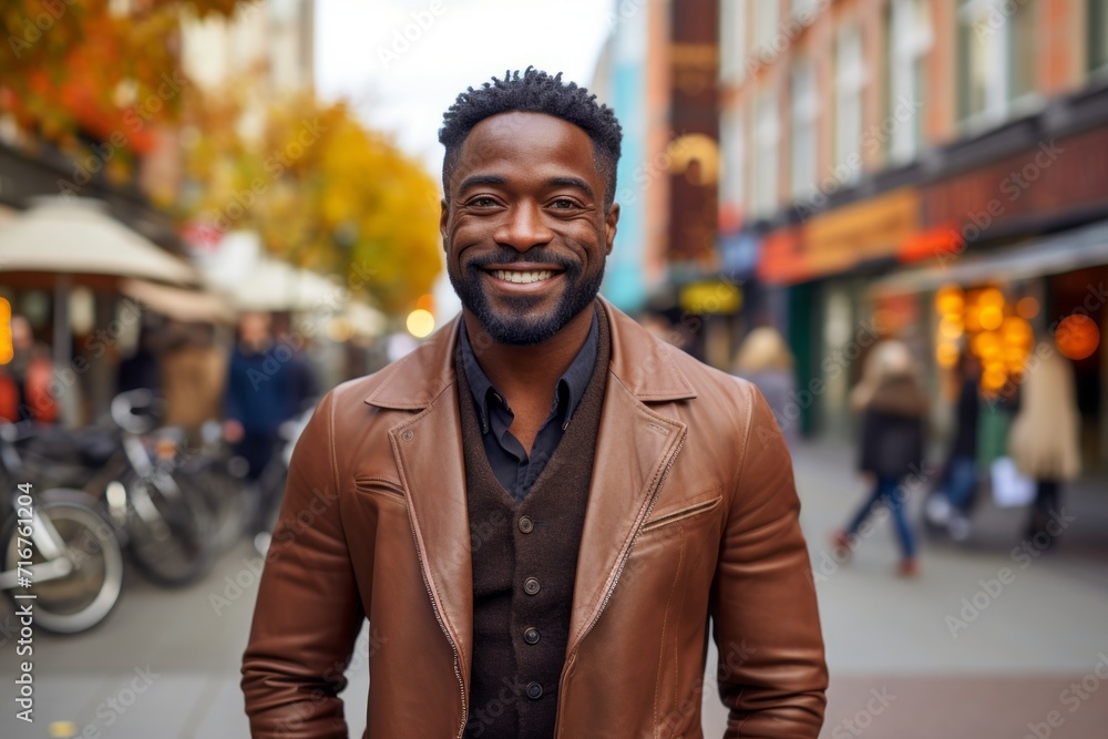 Portrait of a happy afro-american man in his 40s sporting a stylish leather blazer against a vibrant market street background. AI Generation Portrait of a happy afro-american man in his 40s sporting a stylish leather blazer against a vibrant market street background. AI Generation