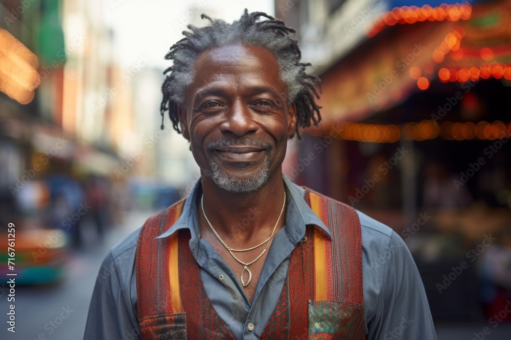 Portrait of a tender afro-american man in his 50s dressed in a breathable mesh vest against a vibrant market street background. AI Generation