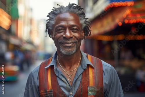 Portrait of a tender afro-american man in his 50s dressed in a breathable mesh vest against a vibrant market street background. AI Generation © CogniLens