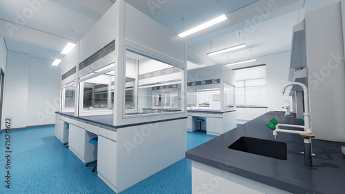 Esthetic and clean modern laboratory full of chemistry equipment. Future analytic biology or microbiology research lab, glass separated working areas. Medical testing room. 