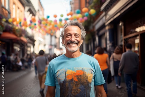 Portrait of a smiling man in his 60s sporting a breathable mesh jersey against a vibrant market street background. AI Generation