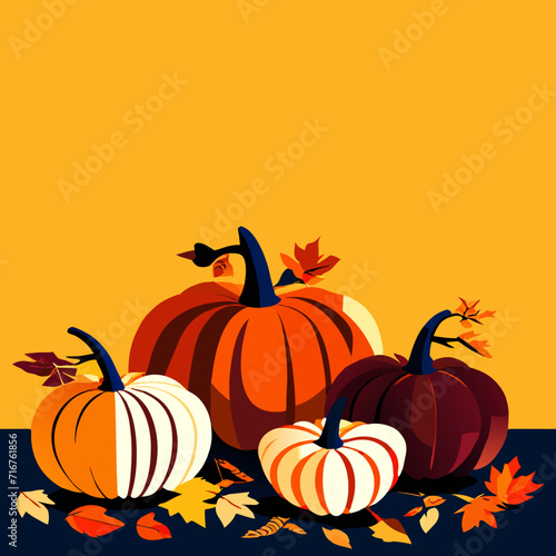 Vector illustration of pumpkins and autumn leaves on a yellow background. AI generated