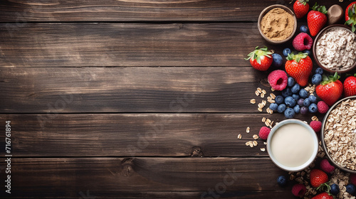 Healthy breakfast food banner with double border. Table scene with fruits, berries, oatmeal. Top view over a rustic wood background. Copy space.